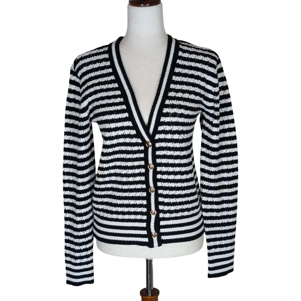 LOFT Pointelle Striped Cardigan Size XS Black White Stripe Gold Buttons Crochet